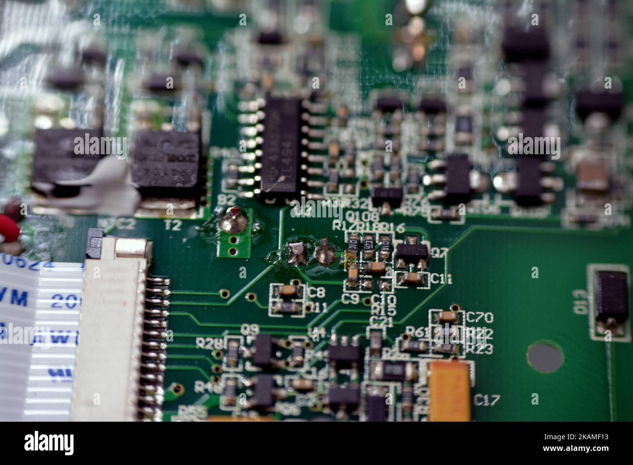 Cairo, Egypt, October 13 2022: A printed circuit board PCB, printed wiring board PWB, a medium used in electrical and electronic engineering to connec Stock Photo