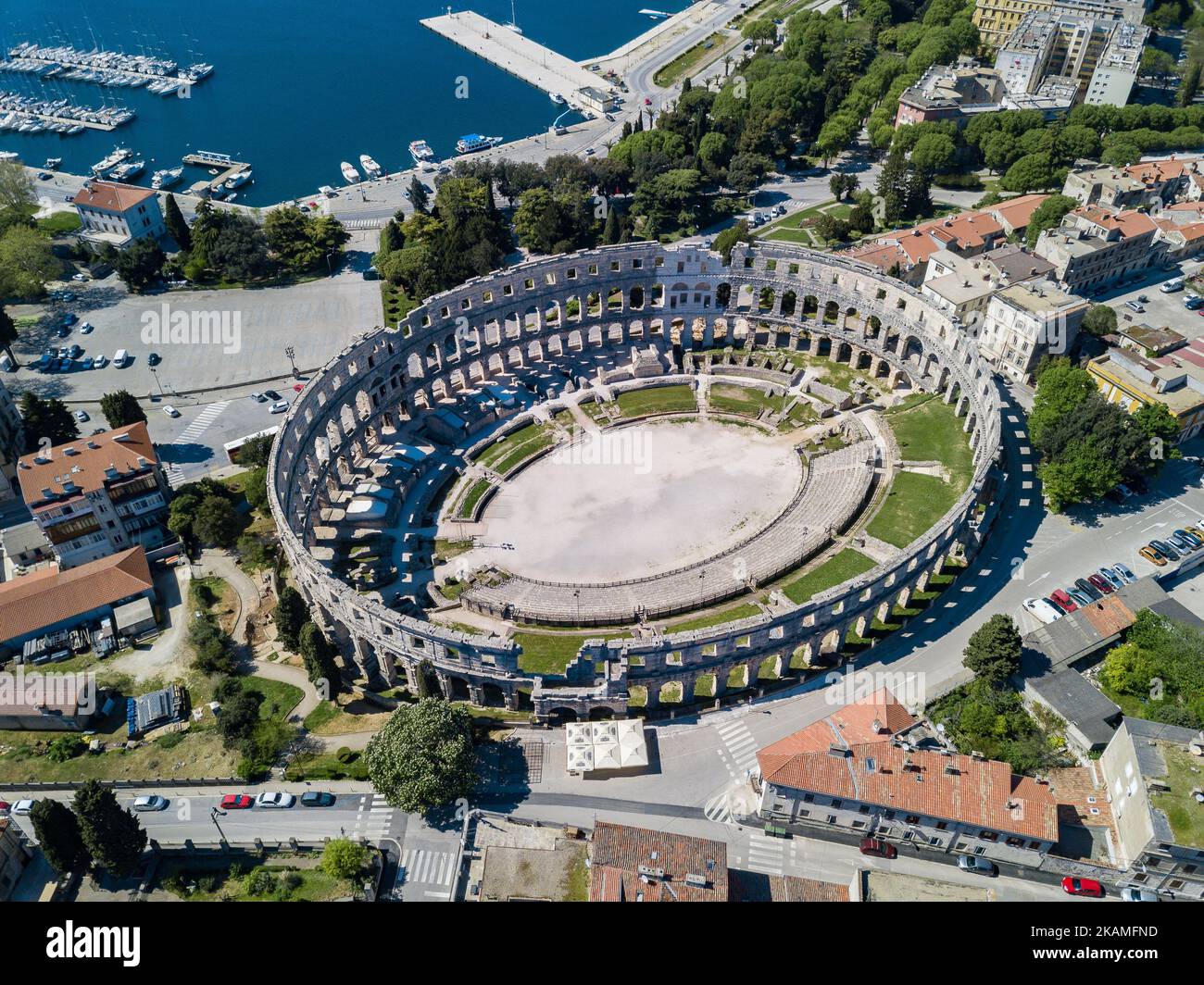 An aerial shot of the Pula arena building in Croatia Stock Photo