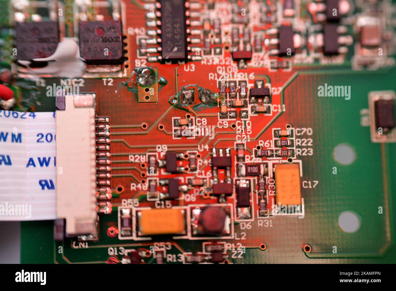 Cairo, Egypt, October 13 2022: A printed circuit board PCB, printed wiring board PWB, a medium used in electrical and electronic engineering to connec Stock Photo