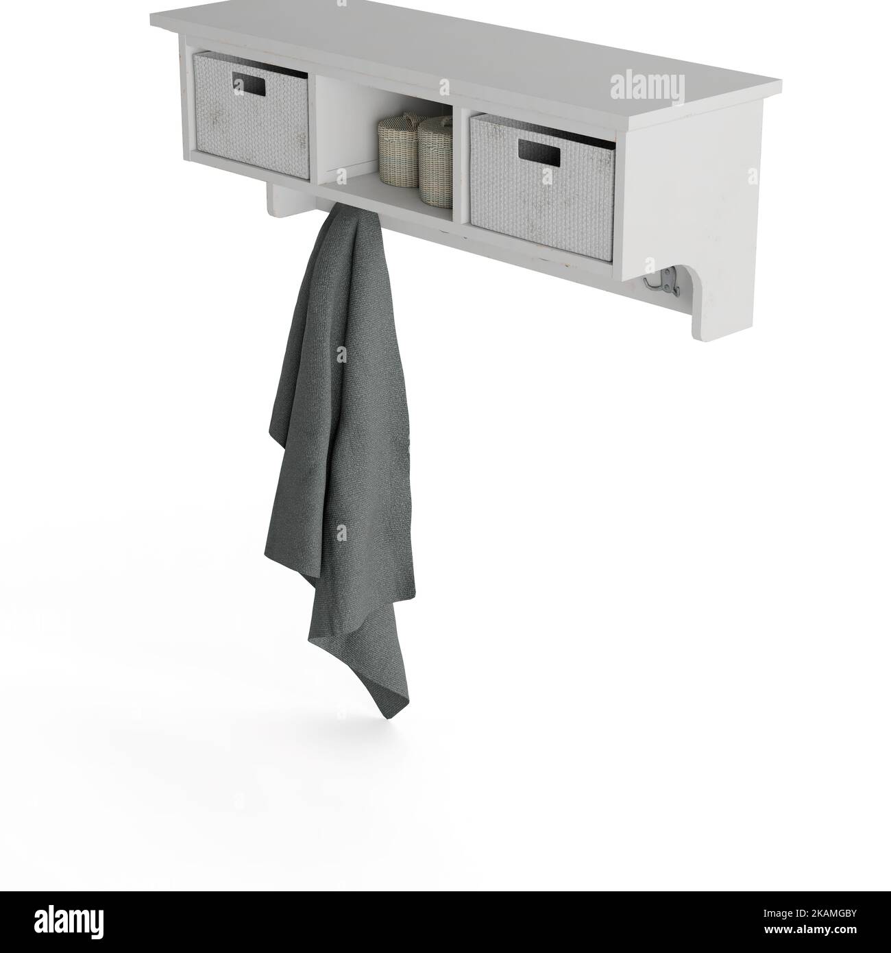 A 3D rendering of a paler gray coat rack display storage unit shelf