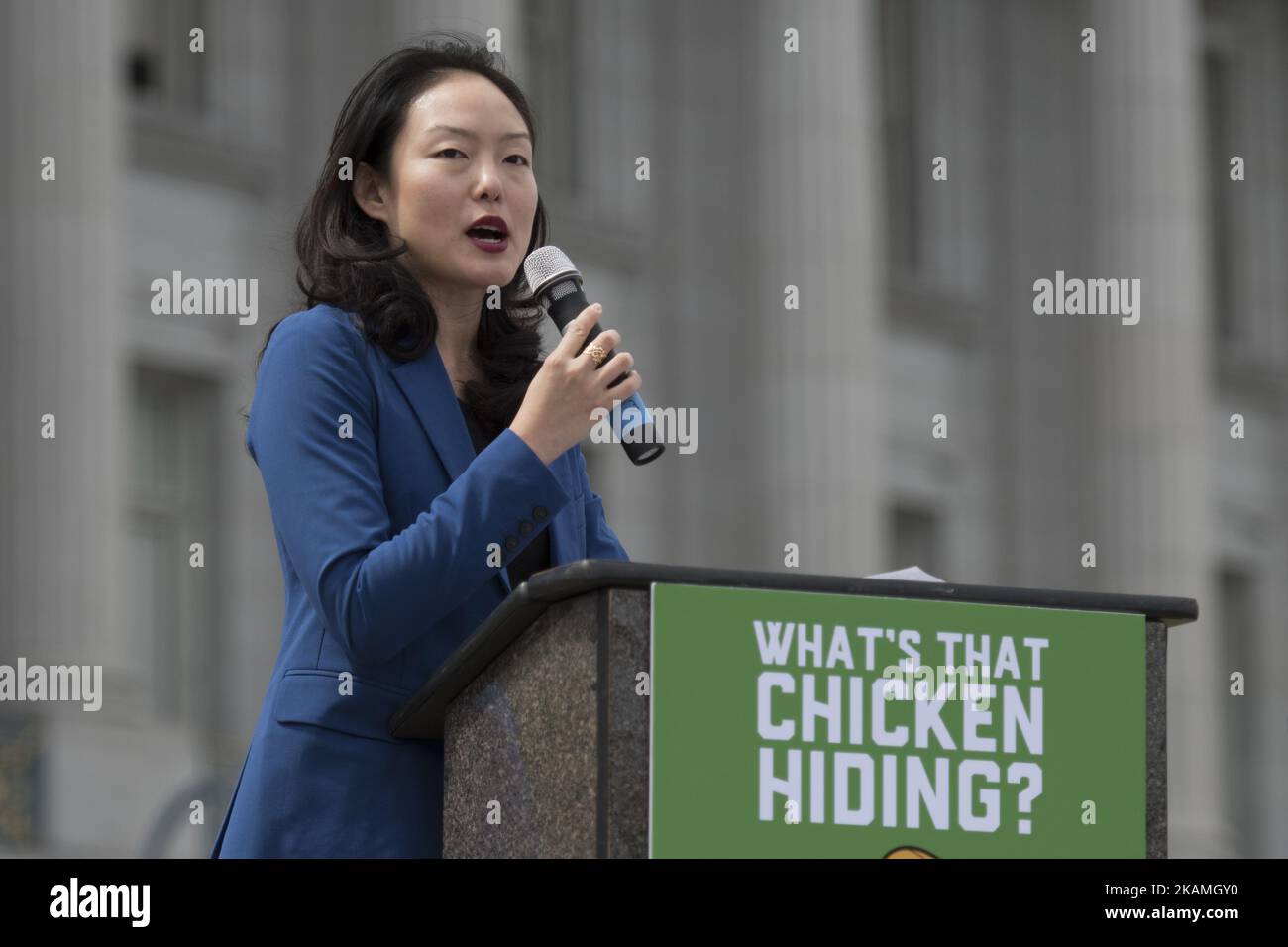 San Francisco Supervisor Jane Kim speaks during Tax March in San Francisco, California on April 15, 2017. The march features 30-foot tall inflatable Trump Chicken that resembles President Donald Trump in front of San Francisco City Hall. (Photo by Yichuan Cao/NurPhoto) *** Please Use Credit from Credit Field *** Stock Photo