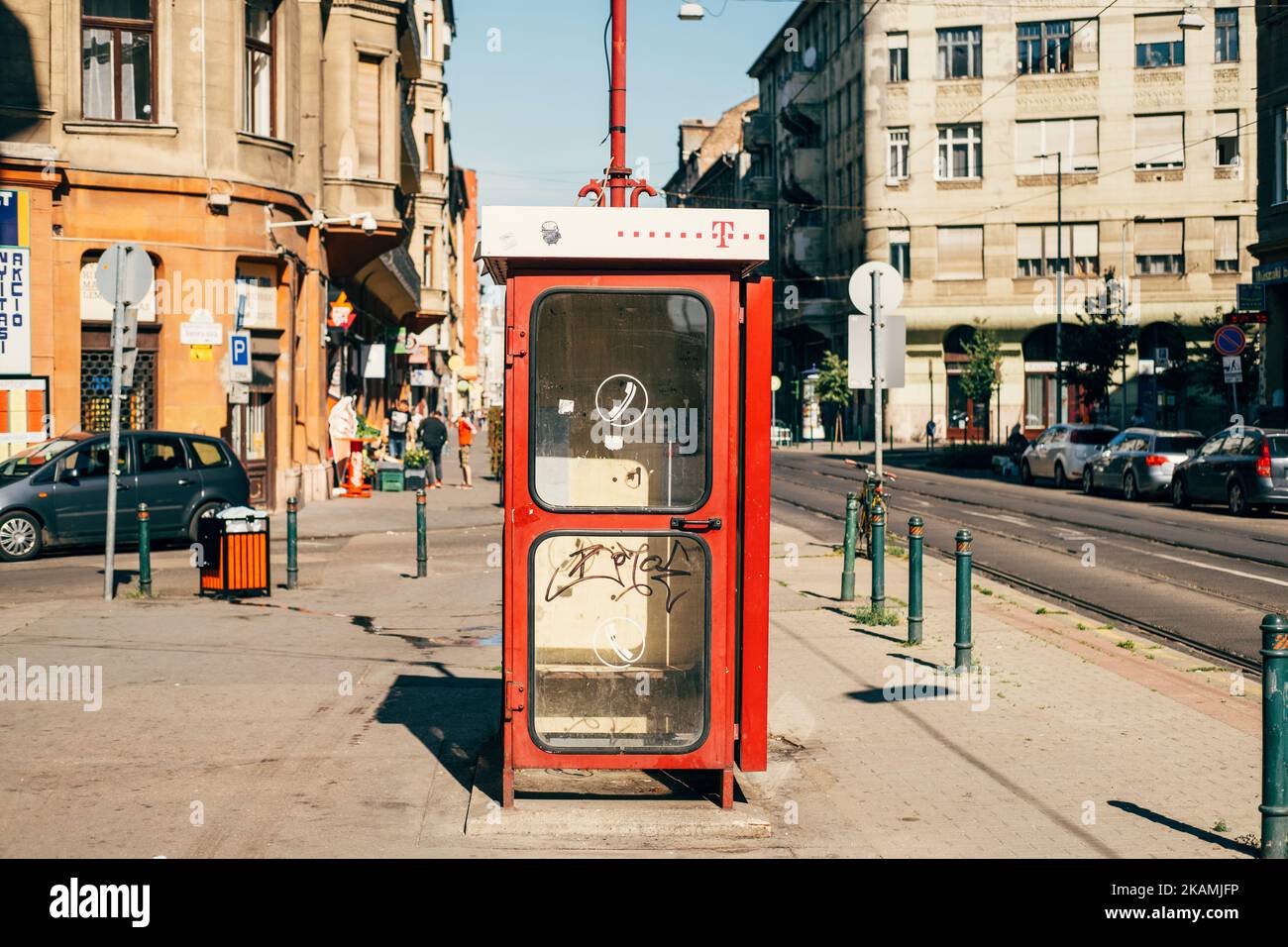 Hungary, Budapest. 15 JUNE 2022. Old red telephone booth from Budapest streets on a sunny day. Stock Photo