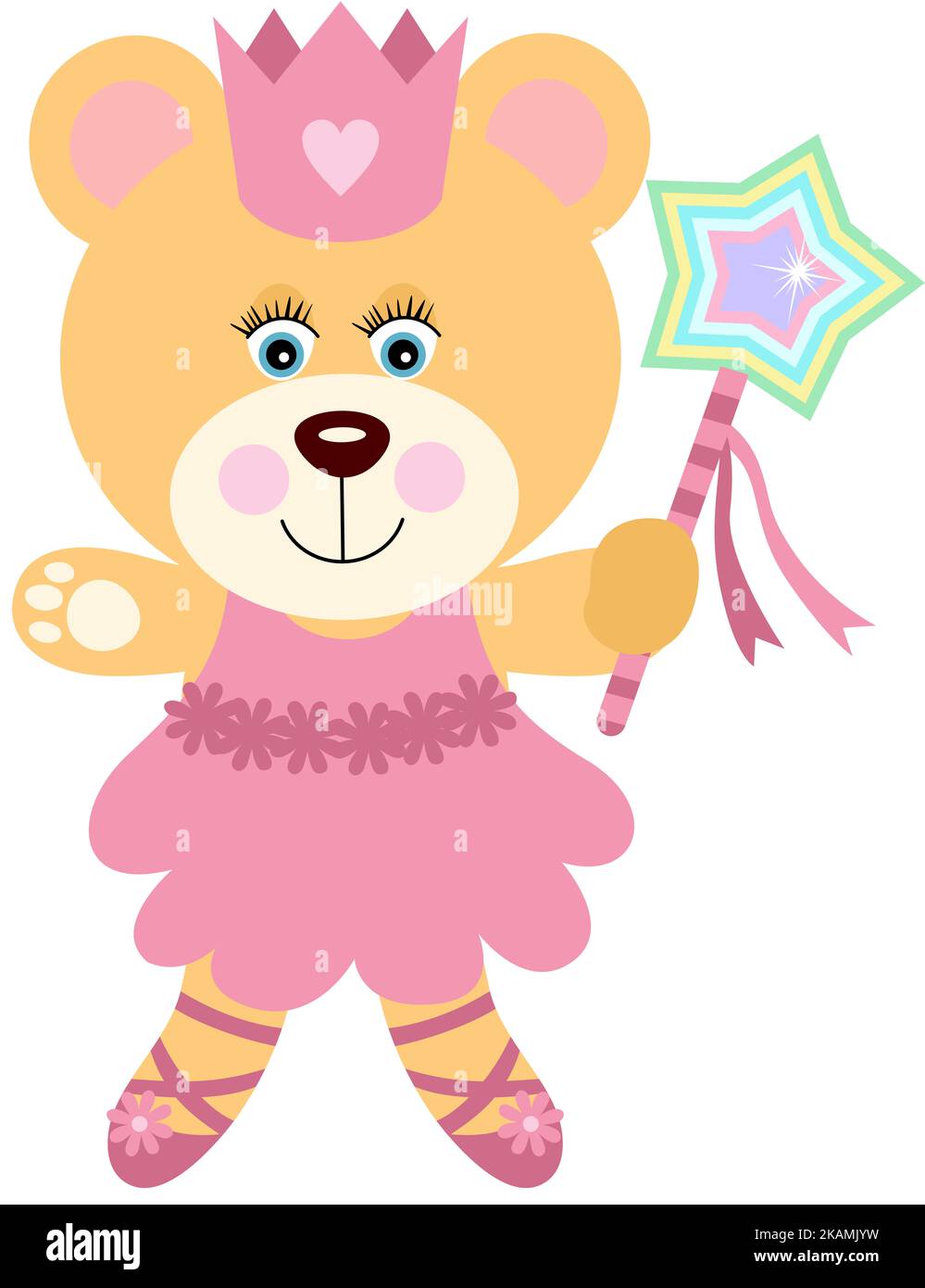 Cute teddy bear ballerina with crown holding a star magic wand Stock