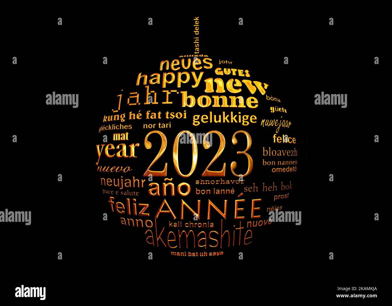 2023 new year multilingual text word cloud greeting card in the shape of a christmas ball isolated on black background Stock Photo
