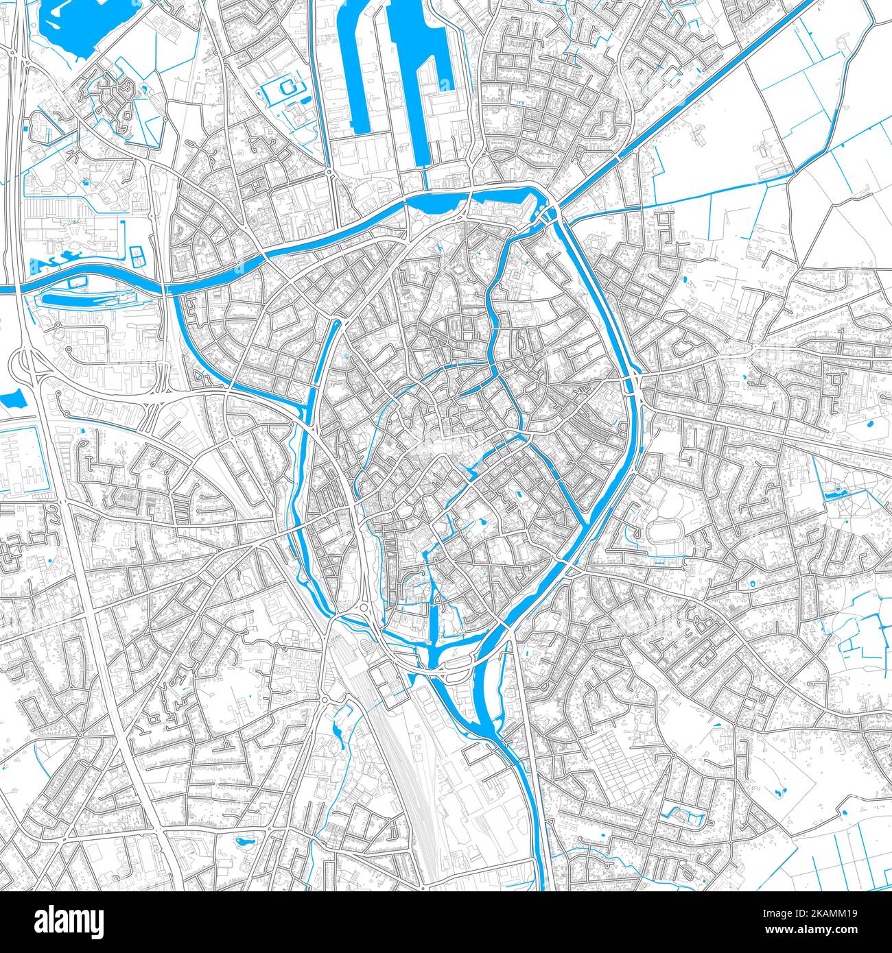 Bruges, West Flanders, Belgium high resolution vector map with editable paths. Bright outlines for main roads. Use it for any printed and digital back Stock Vector