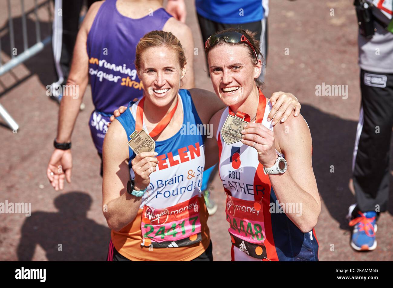 Helen Glover (L) and Heather Stanning pose for a photo after completing the Virgin London Marathon on April 23, 2017 in London, England. (Photo by Karyn Louise/NurPhoto) *** Please Use Credit from Credit Field *** Stock Photo