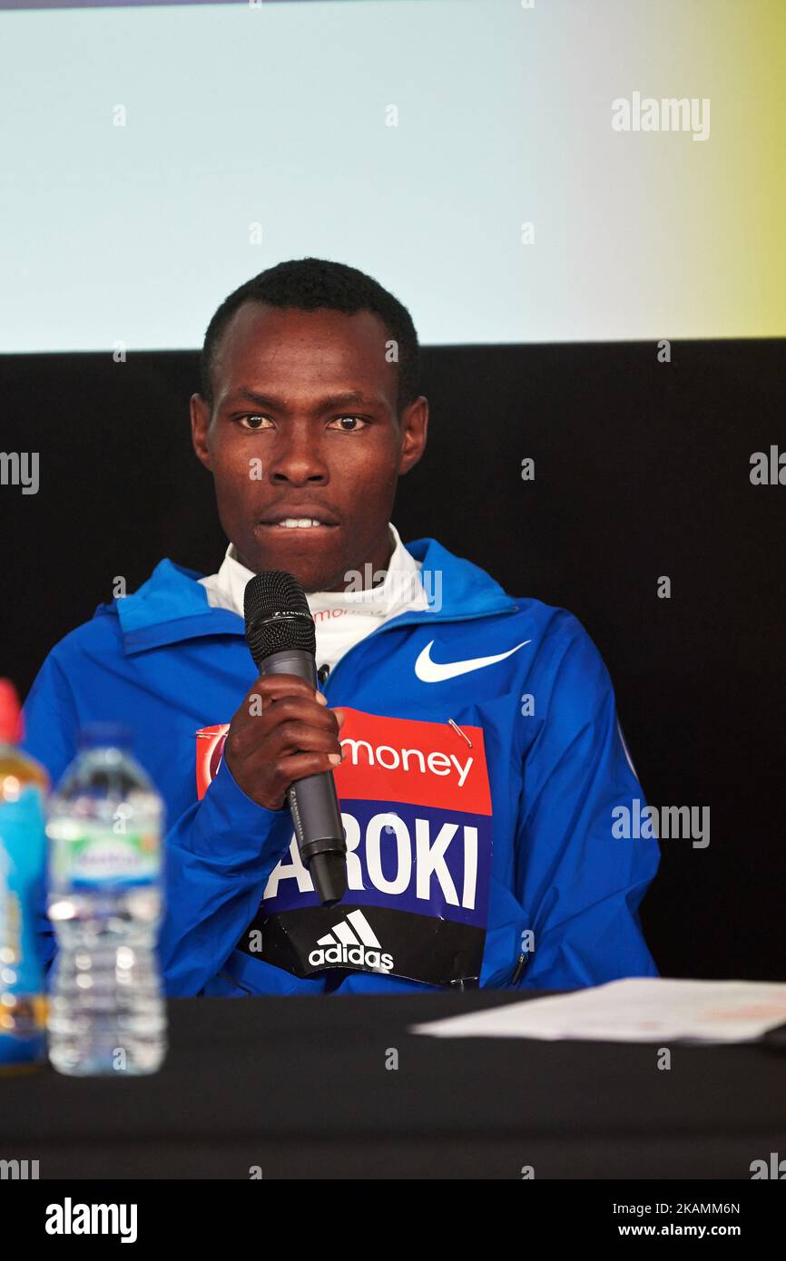 Bedan Karoki of Kenya during a press conference after winning the men's elite race at the London marathon on April 23, 2017 in London. (Photo by Karyn Louise/NurPhoto) *** Please Use Credit from Credit Field *** Stock Photo