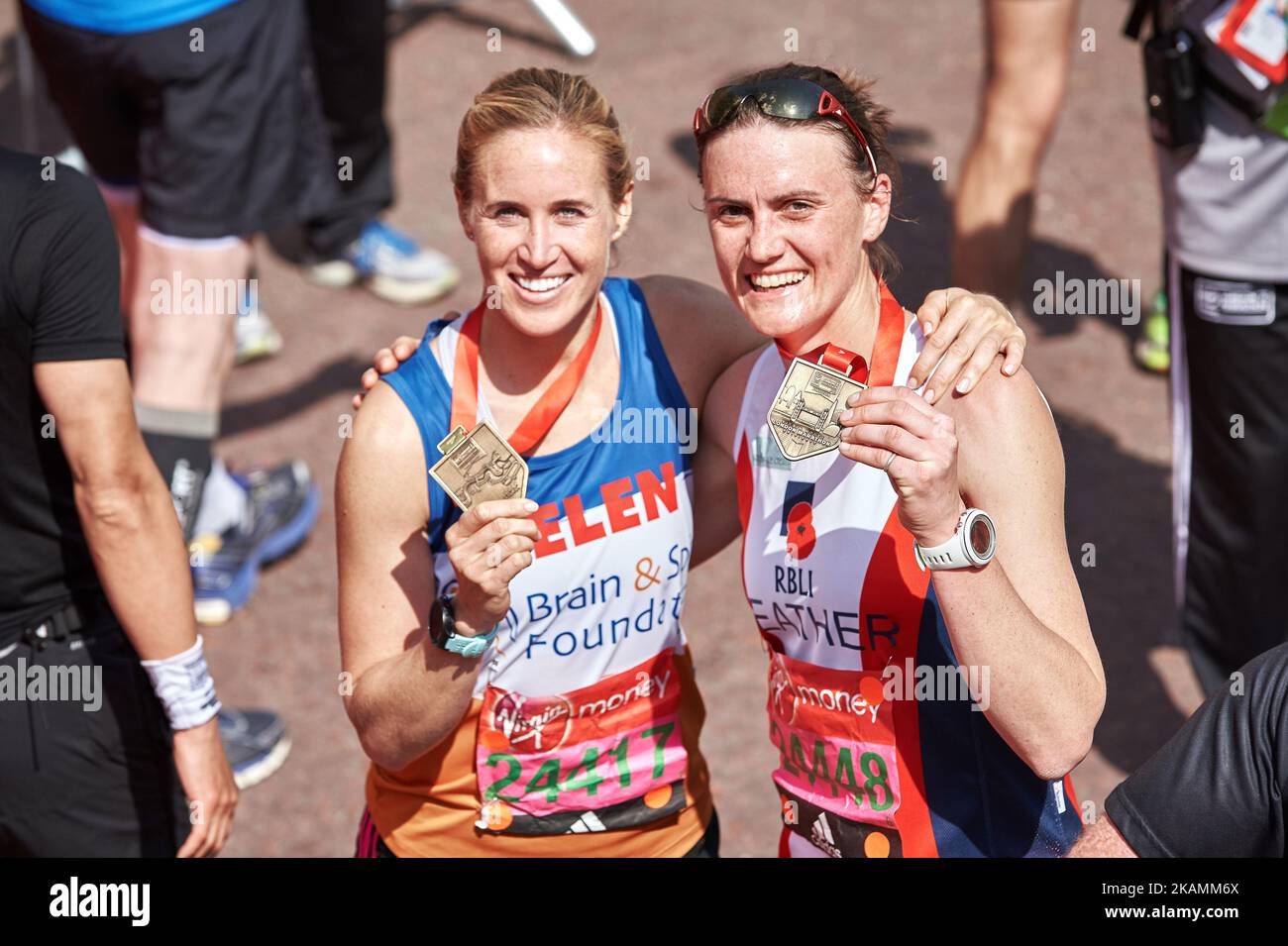 Helen Glover (L) and Heather Stanning pose for a photo after completing the Virgin London Marathon on April 23, 2017 in London, England. (Photo by Karyn Louise/NurPhoto) *** Please Use Credit from Credit Field *** Stock Photo