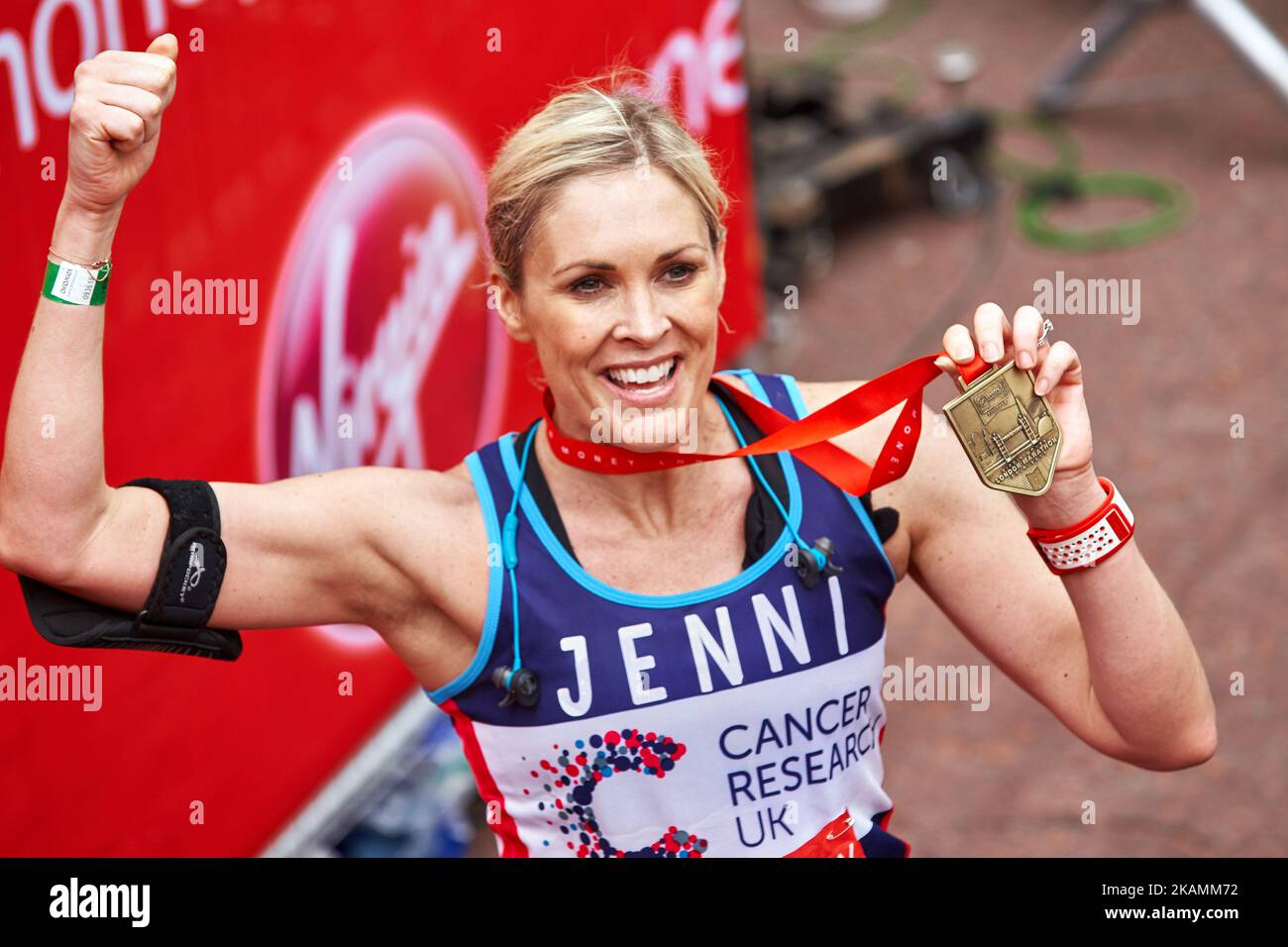 Jenni Falconer poses for a photo after completing the Virgin London Marathon on April 23, 2017 in London, England. (Photo by Karyn Louise/NurPhoto) *** Please Use Credit from Credit Field *** Stock Photo