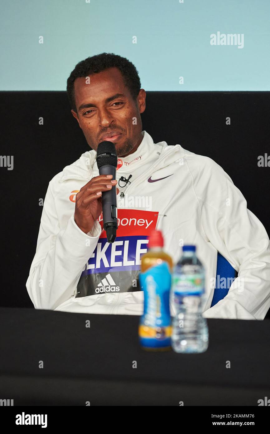 Second placed Ethiopia's Kenenisa Bekele during a press conference after winning the men's elite race at the London marathon on April 23, 2017 in London. (Photo by Karyn Louise/NurPhoto) *** Please Use Credit from Credit Field *** Stock Photo