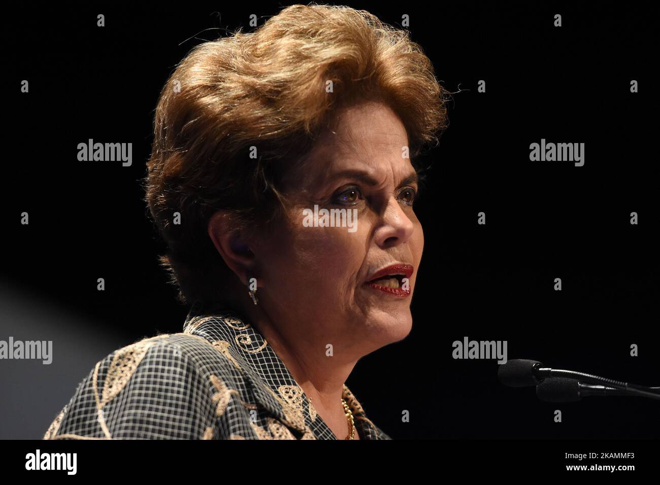 Former President of Brazil, Dilma Rousseff is seen speaking in her Conference 'The Future of Democracy in Latin America' during the Colloquium 'Latin America: Politics, Future, Equality' at Teatro de la Ciudad on April 24, 2017 in Mexico City, Mexico (Photo by Carlos Tischler/NurPhoto) *** Please Use Credit from Credit Field *** Stock Photo