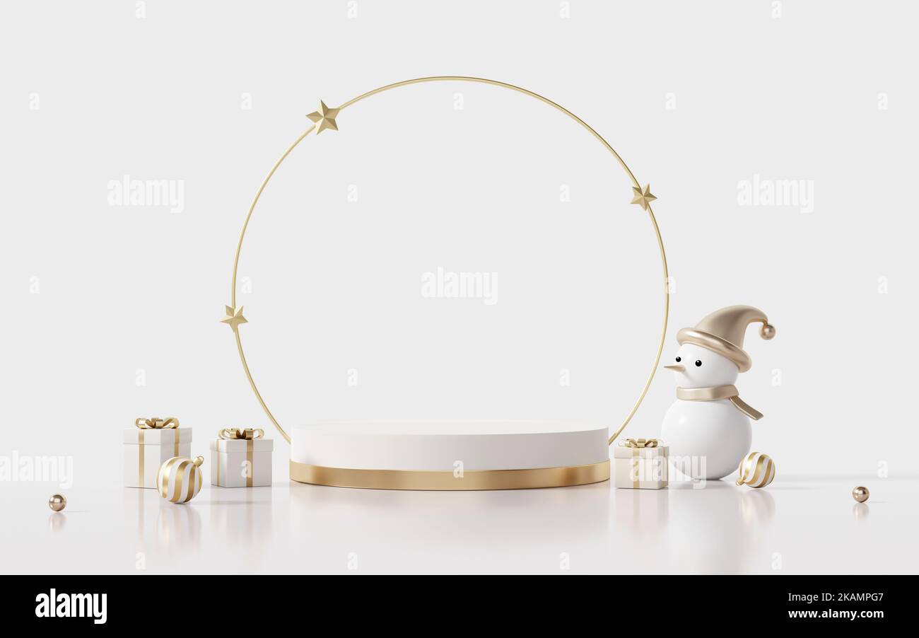 3D rendering white and gold product display stand, with golden ring of ...