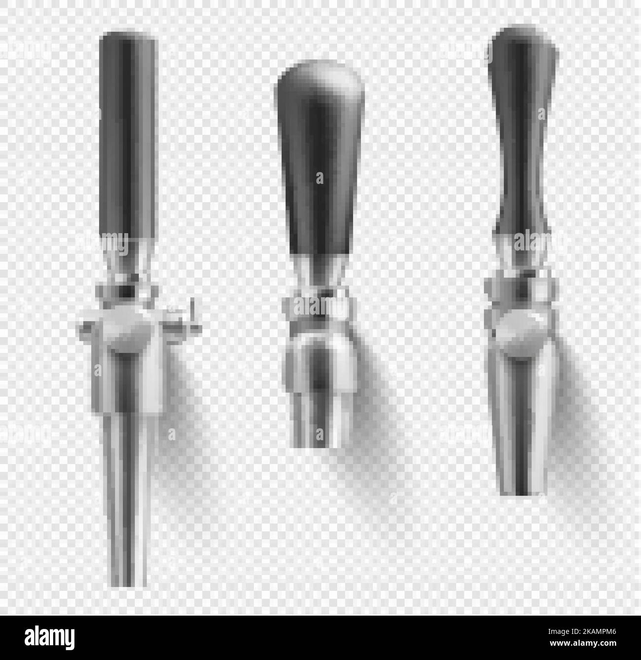 Beer taps with black handles, realistic different shape equipment for