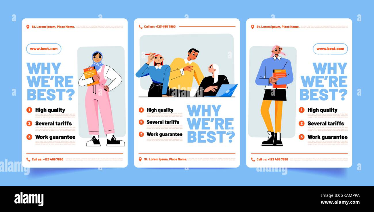 Why we are the best banners, business people team working in office, women holding folders in hands. Company or brand advantages, guarantees and tarif Stock Vector