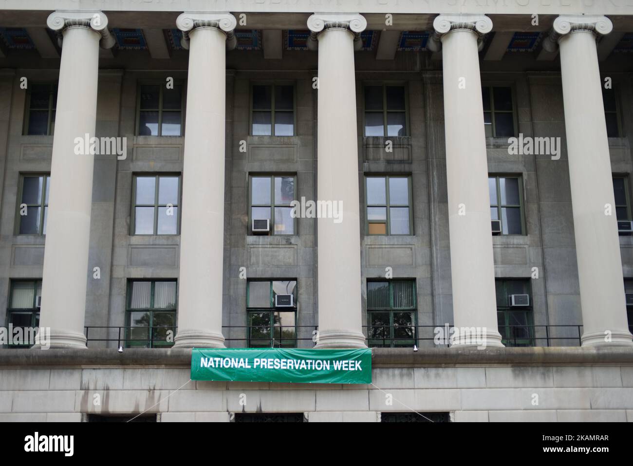 Banner announcing National Preservation Week hangs from one of the building of the Commonwealth of Pennsylvania Capitol Complex, in Harrisburg, PA, on April 30, 2017. Diminishing retail, crumbling infrastructure, environmental issues, poverty and unemployment are shown in a view on the current state of a section of rural America on day 101 of Trump's Presidency. The Keystone state Pennsylvania formed an important factor in Trump's victory in the 2016 US elections. (Photo by Bastiaan Slabbers/NurPhoto) *** Please Use Credit from Credit Field *** Stock Photo