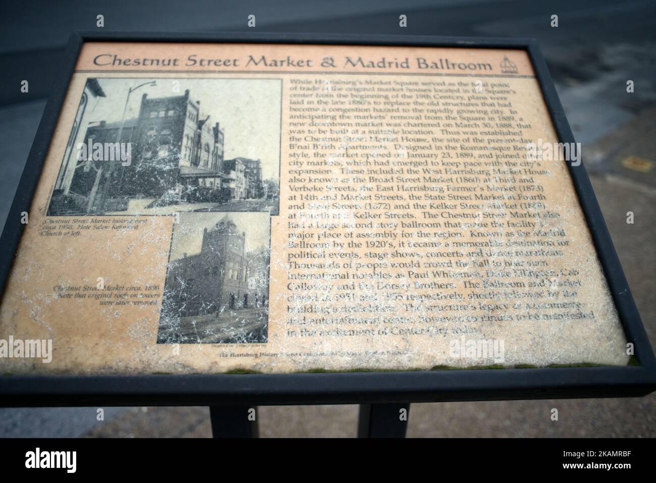 Barely readable marker with information about historic landmarks in Harrisburg, PA, on April 30, 2017. Diminishing retail, crumbling infrastructure, environmental issues, poverty and unemployment are shown in a view on the current state of a section of rural America on day 101 of Trump's Presidency. The Keystone state Pennsylvania formed an important factor in Trump's victory in the 2016 US elections. (Photo by Bastiaan Slabbers/NurPhoto) *** Please Use Credit from Credit Field *** Stock Photo