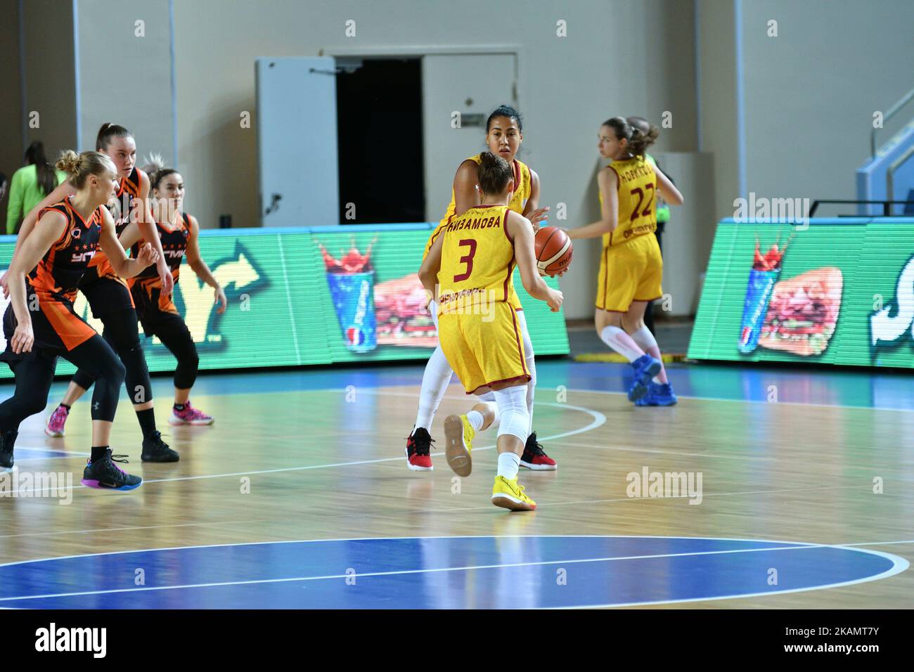 Orenburg, Russia - November 24, 2019: Girls play basketball in the Russian championship match between the basketball clubs 'Hope' (Orenburg) and 'UMMC' (Ekaterinburg) Stock Photo