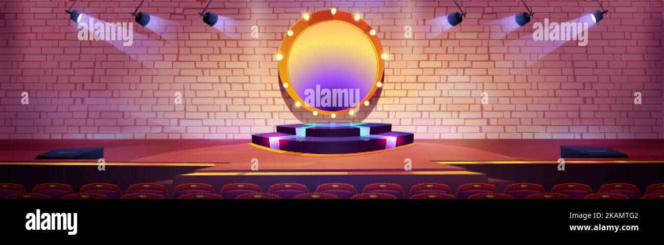 Stage for concert, award ceremony, music show, comedy contest with round podium, spotlights and viewer chairs. Empty scene in television studio for ev Stock Vector