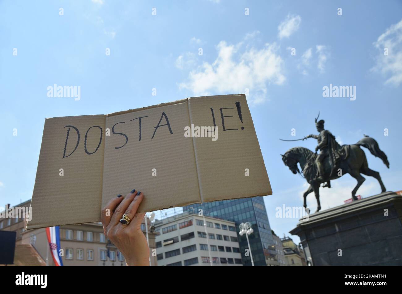 Community of Little People has organized a protest called 'Protest of Little people' against Distraint law, against Property tax law, against Lex Agrokor law and many other problems in the country in Ban Josip Jelacic square. in Zagreb, Croatia during celebration of May day on 1st May 2017. (Photo by Alen Gurovic/NurPhoto) *** Please Use Credit from Credit Field *** Stock Photo