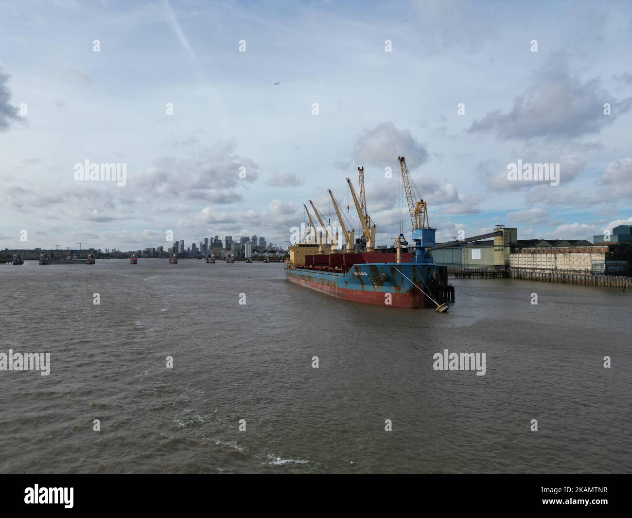 Thames barrier London flood defence drone aerial view Stock Photo