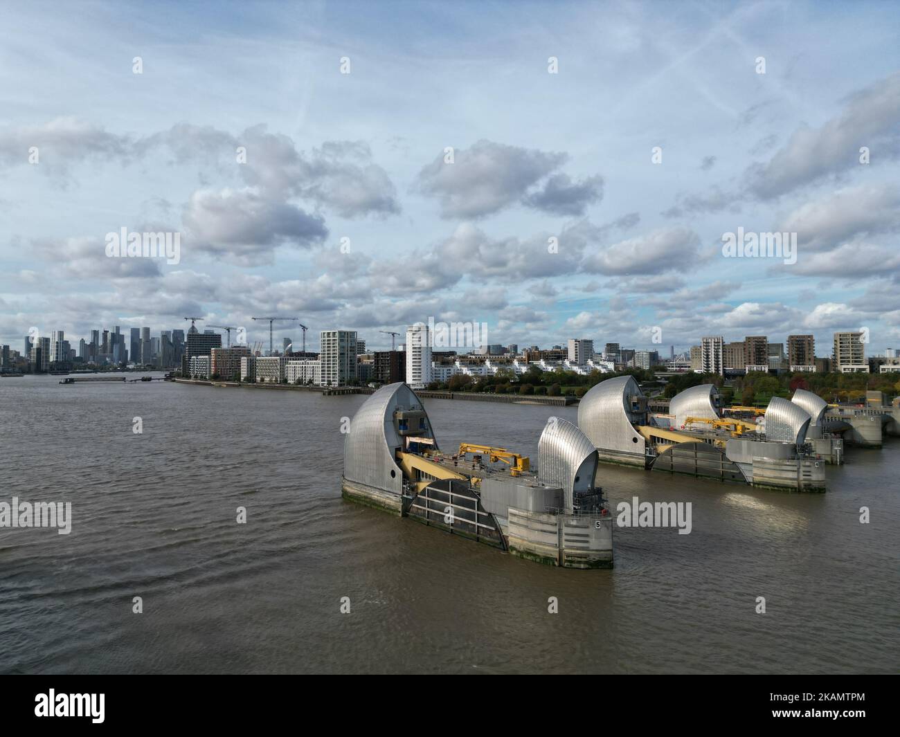 Thames barrier London flood defence drone aerial view Stock Photo