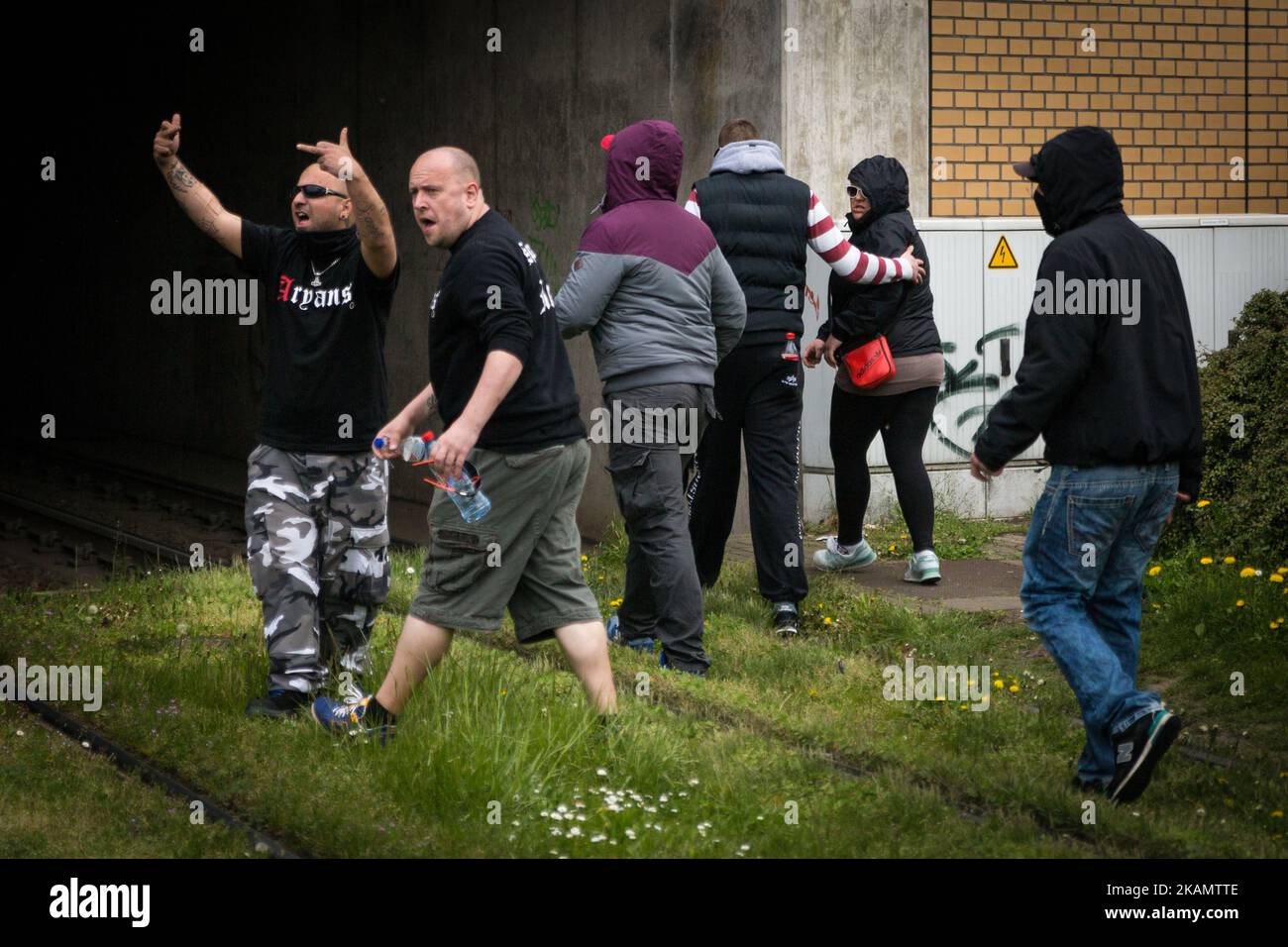 Neonazi demonstration blocked in Halle, Germany, on 1st May 2017. The far right party Die Rechte (The right) wanted to demonstrate through halle on may first. The 500 hundred neonazis got blocked by more than 4000 counter demonstrators due to civil unrest at the central station. Small groups of neonazis clashed with counter protestors after the demonstration. The police had to divide both groups with force. (Photo by David Speier/NurPhot *** Please Use Credit from Credit Field *** Stock Photo