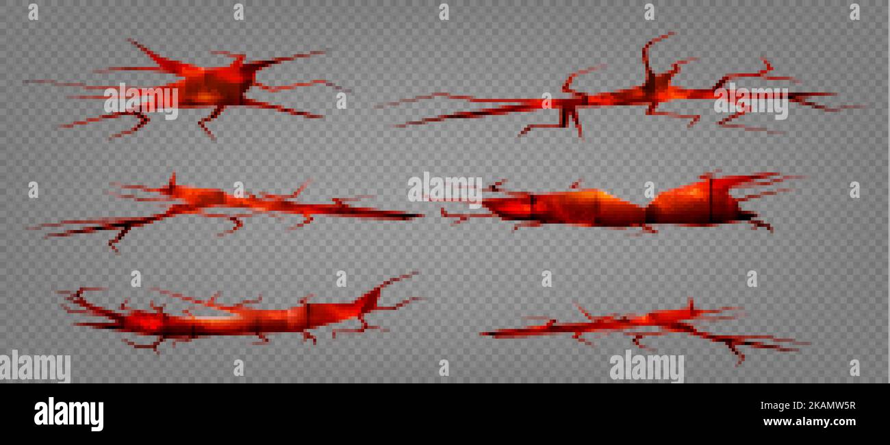 Lava in ground cracks, red volcano magma glow in cracking holes, ruined