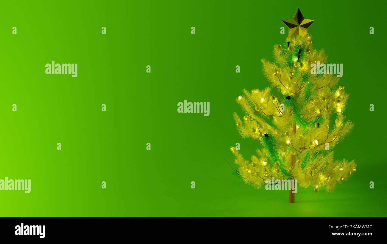 An illuminated yellow Christmas tree with a green screen background
