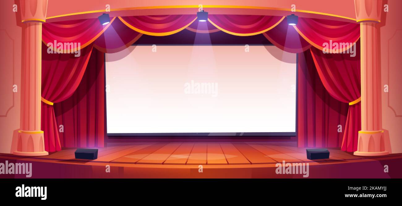 Movie theater stage, cinema, theatre scene with screen, red curtains, roman columns and spotlights. Empty concert hall interior with blank screen and Stock Vector