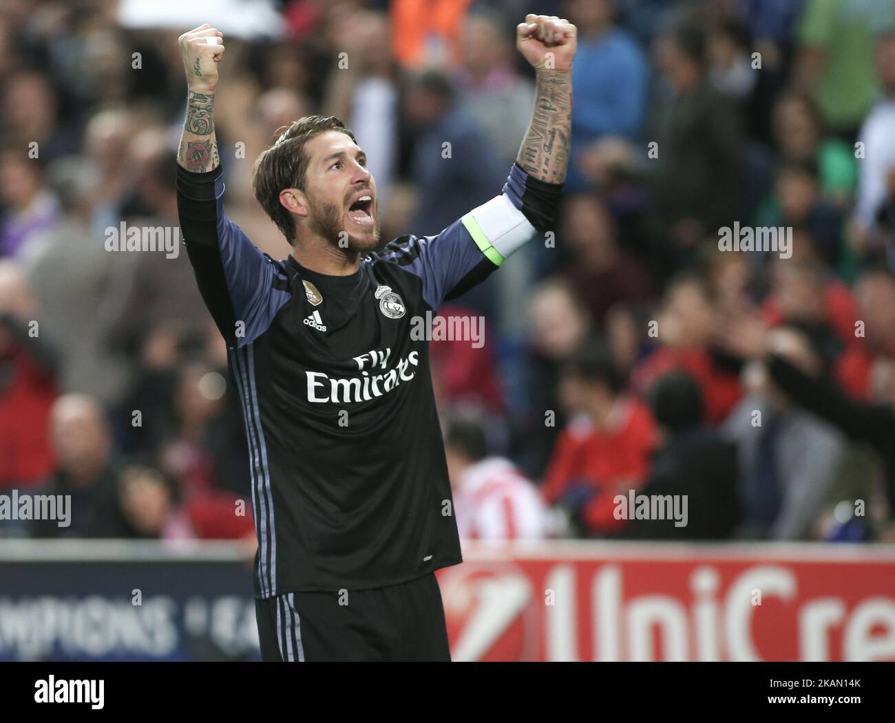 Real Madrid's defender Sergio Ramos celebrates his team's goal during the UEFA Champions League semifinal second leg football match Club Atletico de Madrid vs Real Madrid CF at the Vicente Calderon stadium in Madrid, on May 10, 2017. (Photo by Raddad Jebarah/NurPhoto) *** Please Use Credit from Credit Field *** Stock Photo