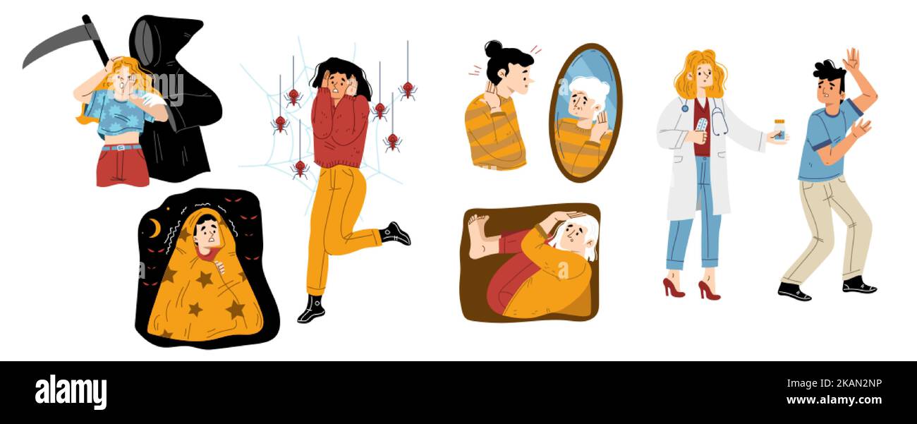 Set of distressed people with different phobias. Scared flat characters afraid of death, darkness, spiders, enclosed space, aging and doctors. Psychol Stock Vector
