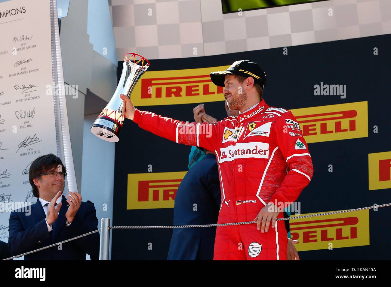 Sebastian Vettel, team Ferrari celebrates the second place during the Formula One GP of Spain 2017 celebrated at Circuit Barcelona Catalunuya on 14th May 2017 in Barcelona, Spain. (Photo by Urbanandsport/NurPhoto) *** Please Use Credit from Credit Field *** Stock Photo
