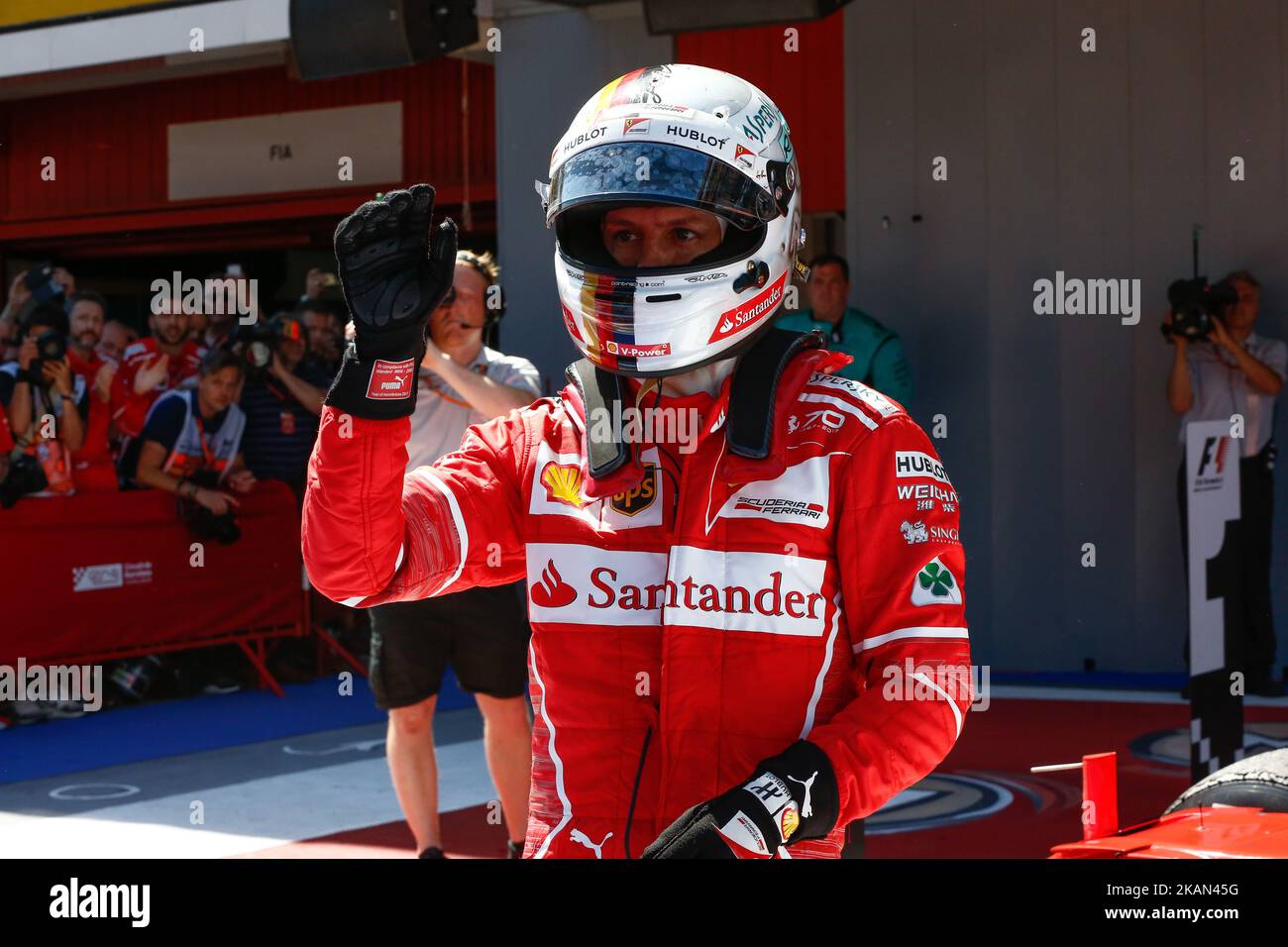 Sebastian Vettel, team Ferrari celebrates the second place during the Formula One GP of Spain 2017 celebrated at Circuit Barcelona Catalunuya on 14th May 2017 in Barcelona, Spain. (Photo by Urbanandsport/NurPhoto) *** Please Use Credit from Credit Field *** Stock Photo