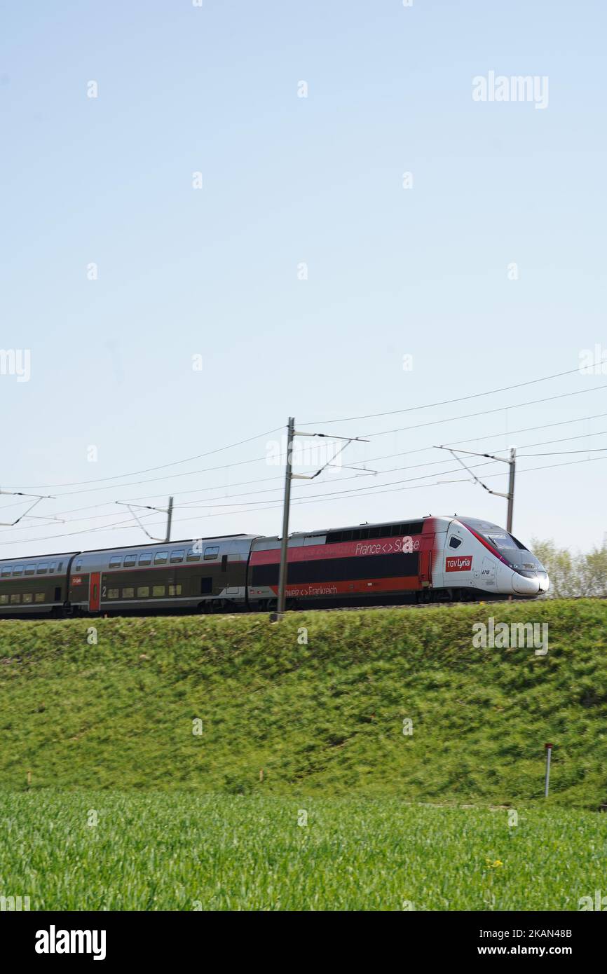 A vertical shot of a SBB train driving through the green field under the clear sky, Sissach, Switzerland Stock Photo
