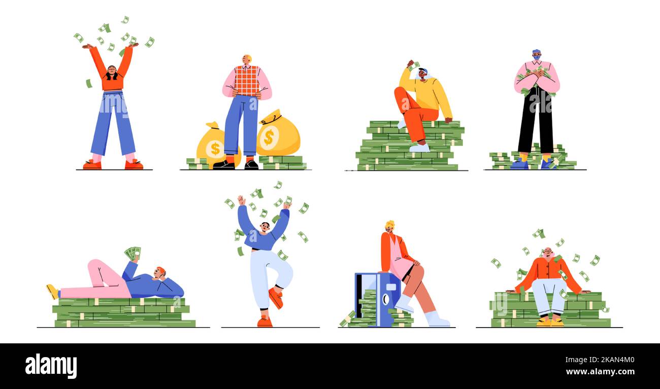 Rich people with money, happy men and women throw dollars in air