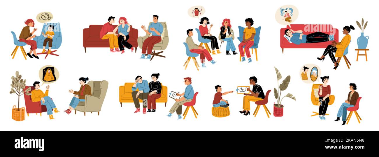 Mental therapy, health, psychotherapy session set. People visit