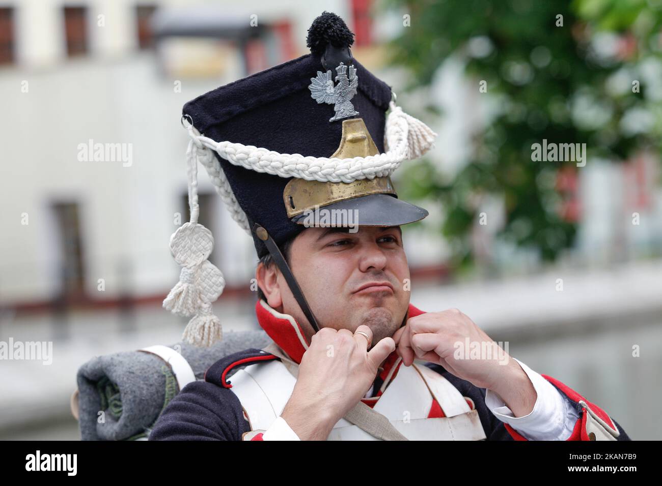 Actros are seen preparing for the yearly museum night in Bydgoszcz, Poland on 20 May, 2017. The actors are dressed in 19th century Polish army uniforms and wil patrol along the Mill Island for the entertainment of visitors where several museums are located. (Photo by Jaap Arriens/NurPhoto) *** Please Use Credit from Credit Field *** Stock Photo