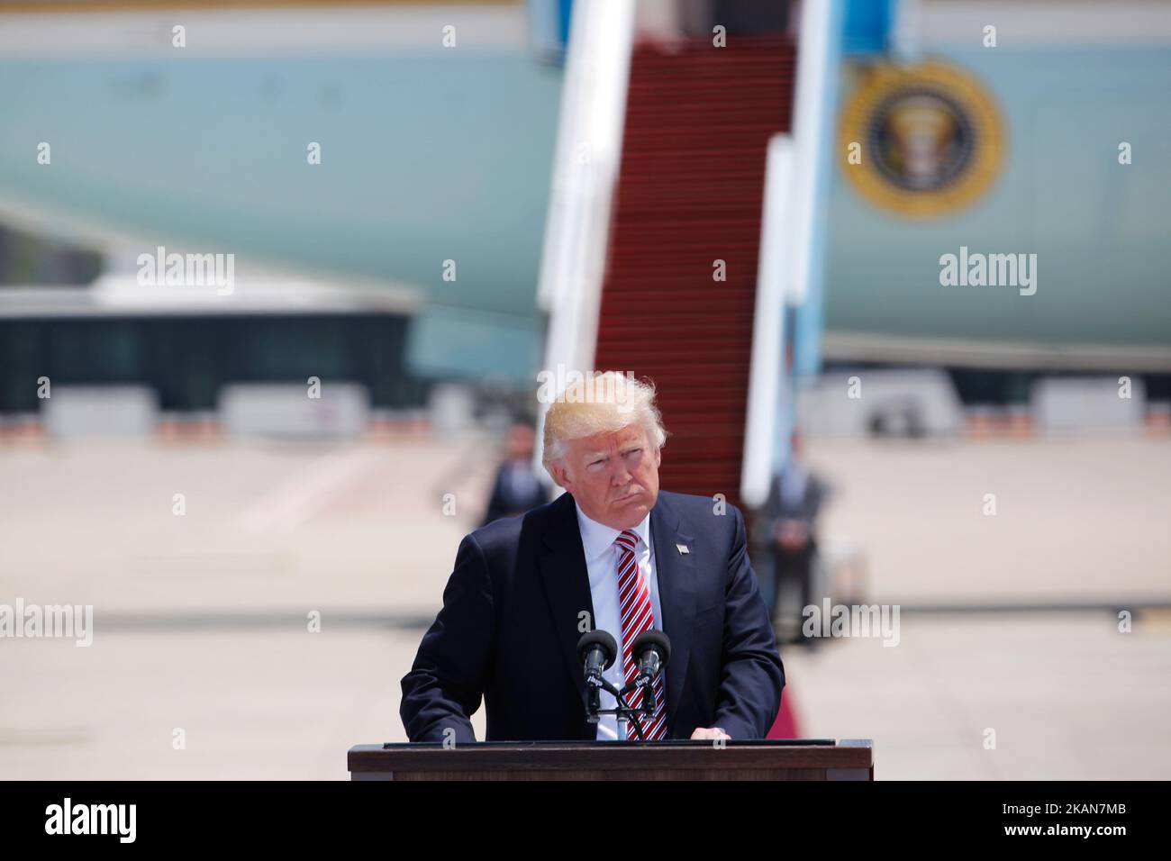 U.S. President Donald Trump speaks during a welcoming ceremony upon his arrival at Ben Gurion International Airport in Lod near Tel Aviv, Israel May 22, 2017. (Photo by Corinna Kern/NurPhoto) *** Please Use Credit from Credit Field *** Stock Photo