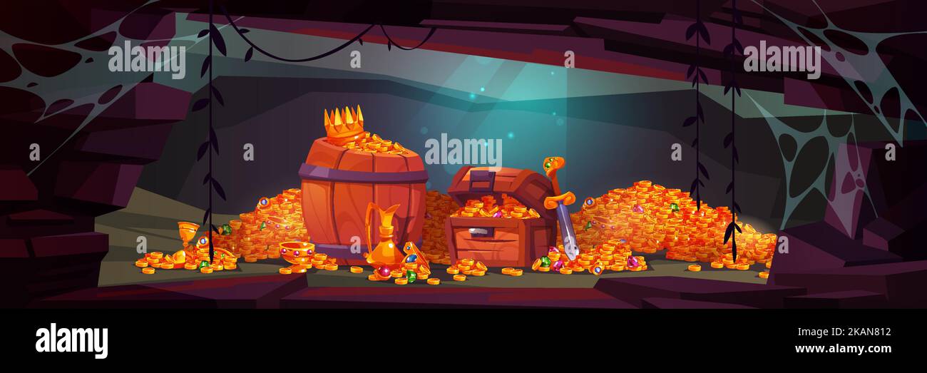 Treasure cave with pirate chest, golden coins in wooden barrel, crystal