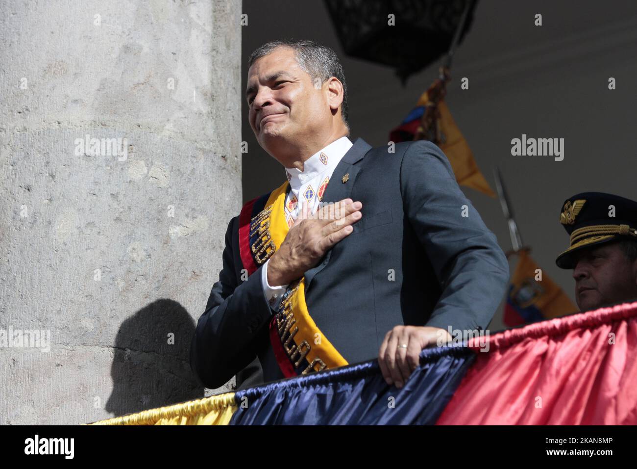 President Rafael Correa says goodbye from the balcony of the Carondelet Palace in Quito, Wednesday, May 24, 2017. After 10 years of rule Rafael Correa ends his term, Lenin Moreno is the new president of Ecuador. (Photo Franklin Jácome/ACG/NurPhoto) *** Please Use Credit from Credit Field *** Stock Photo