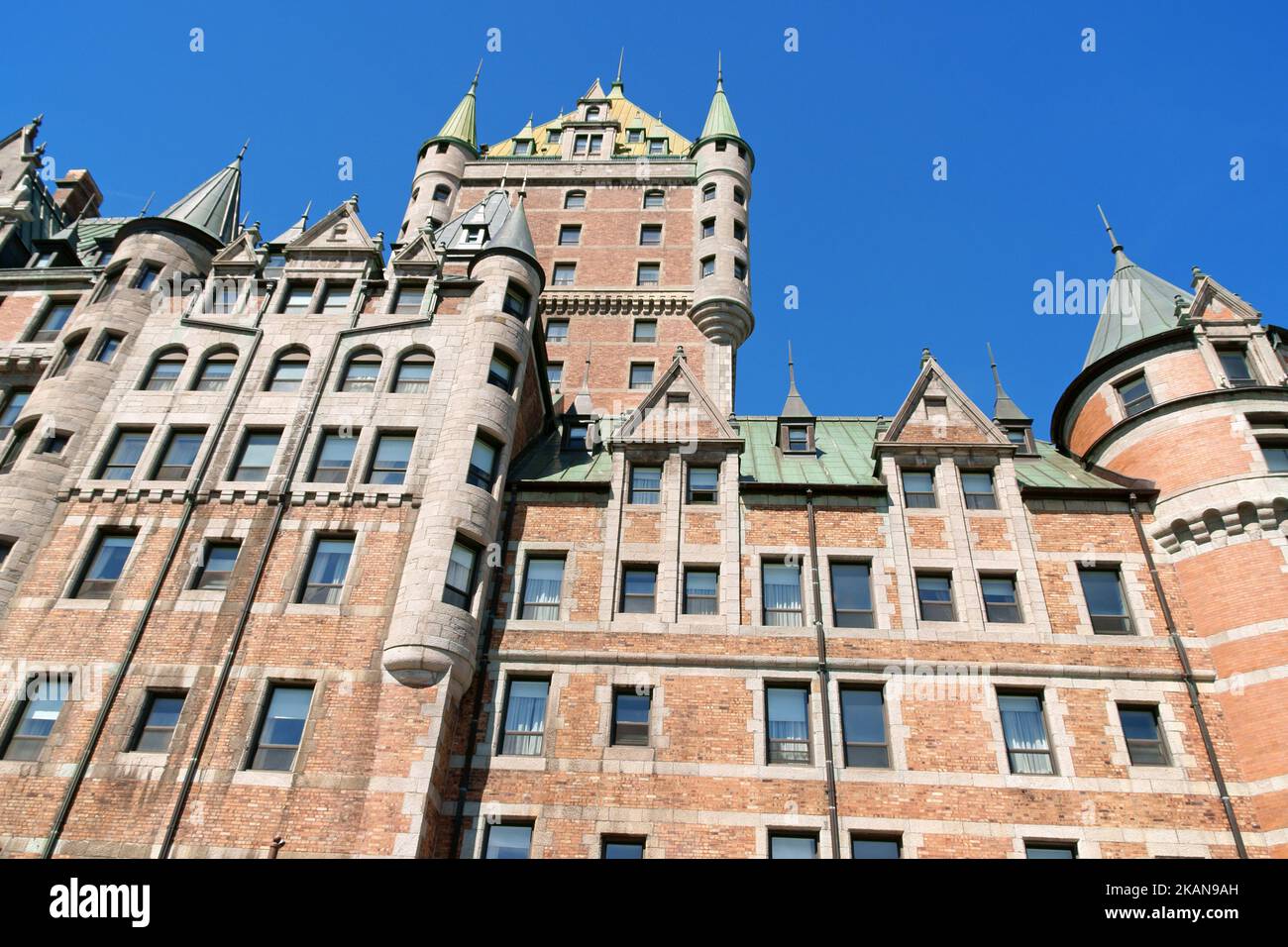 The central tower of Chateau Frontenac in Quebec City,  Quebec, Canada. This castle like hotel was designed by architect Bruce Price. Stock Photo