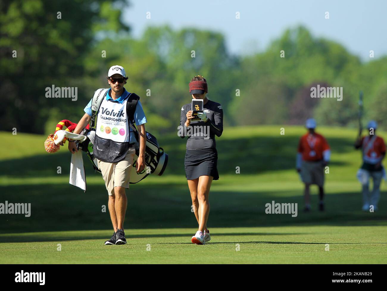 Belen Mozo of Spain and caddie walk on the fairway of the 6th hole during the third round of the LPGA Volvik Championship at Travis Pointe Country Club, Ann Arbor, MI, USA Saturday, May 27, 2017. (Photo by Jorge Lemus/NurPhoto) *** Please Use Credit from Credit Field *** Stock Photo