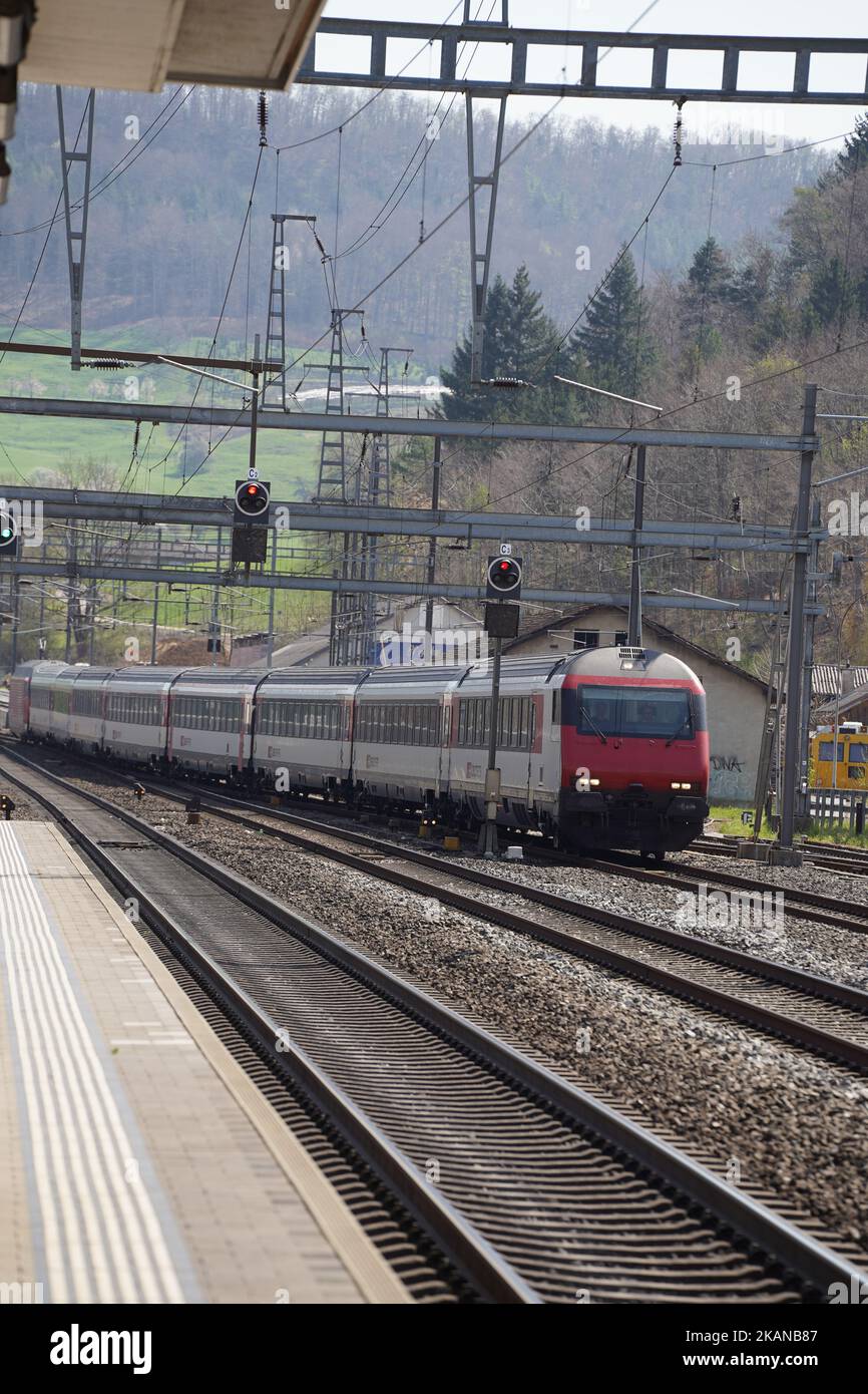 A vertical shot of the SBB Train at Sissach in Switzerland Stock Photo