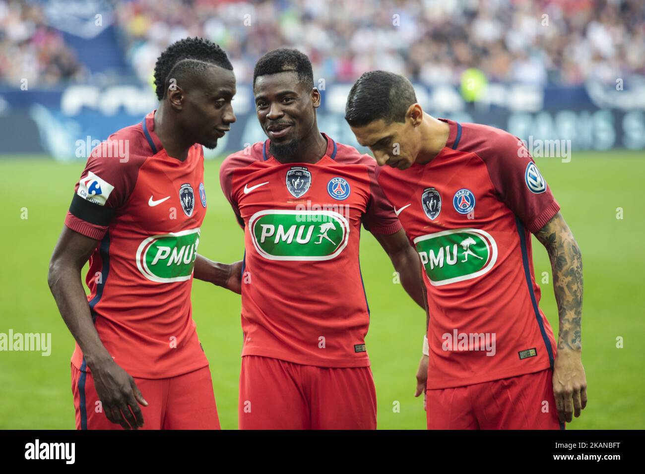 Paris Saint-Germain's French midfielder Blaise Matuidi (L), Paris Saint-Germain's Ivorian defender Serge Aurier (C) and Paris Saint-Germain's Argentinian forward Angel Di Maria (R) prior to the French Cup final football match between Paris Saint-Germain (PSG) and Angers (SCO) on May 27, 2017, at the Stade de France in Saint-Denis, north of Paris. (Photo by Geoffroy Van der Hasselt/NurPhoto) *** Please Use Credit from Credit Field *** Stock Photo