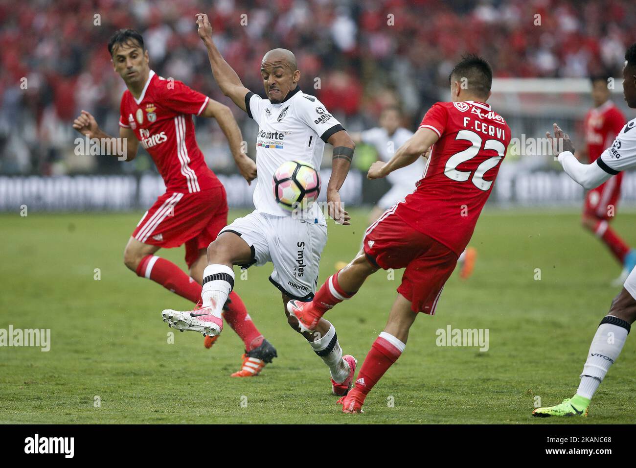 Vitoria SC's forward Paolo Hurtado (C) vies for the ball with Benfica's forward Jonas (L) and Benfica's midfielder Franco Cervi (R) during the Portugal Cup football final match between SL Benfica vs Vitoria SC at Jamor Stadium in Oeiras, outskirts of Lisbon on May 28, 2017. (Photo by Carlos Palma/NurPhoto) *** Please Use Credit from Credit Field *** Stock Photo