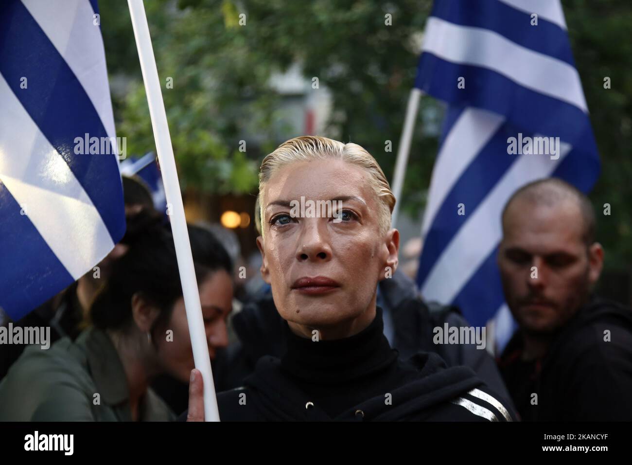 Supporters of the ultra nationalist party Golden Dawn attend a rally in central Athens on Monday May 29, 2017 to commemorate the anniversary of the fall of Constantinople by the Ottoman army in 1453 AD (Photo by Panayotis Tzamaros/NurPhoto) *** Please Use Credit from Credit Field *** Stock Photo
