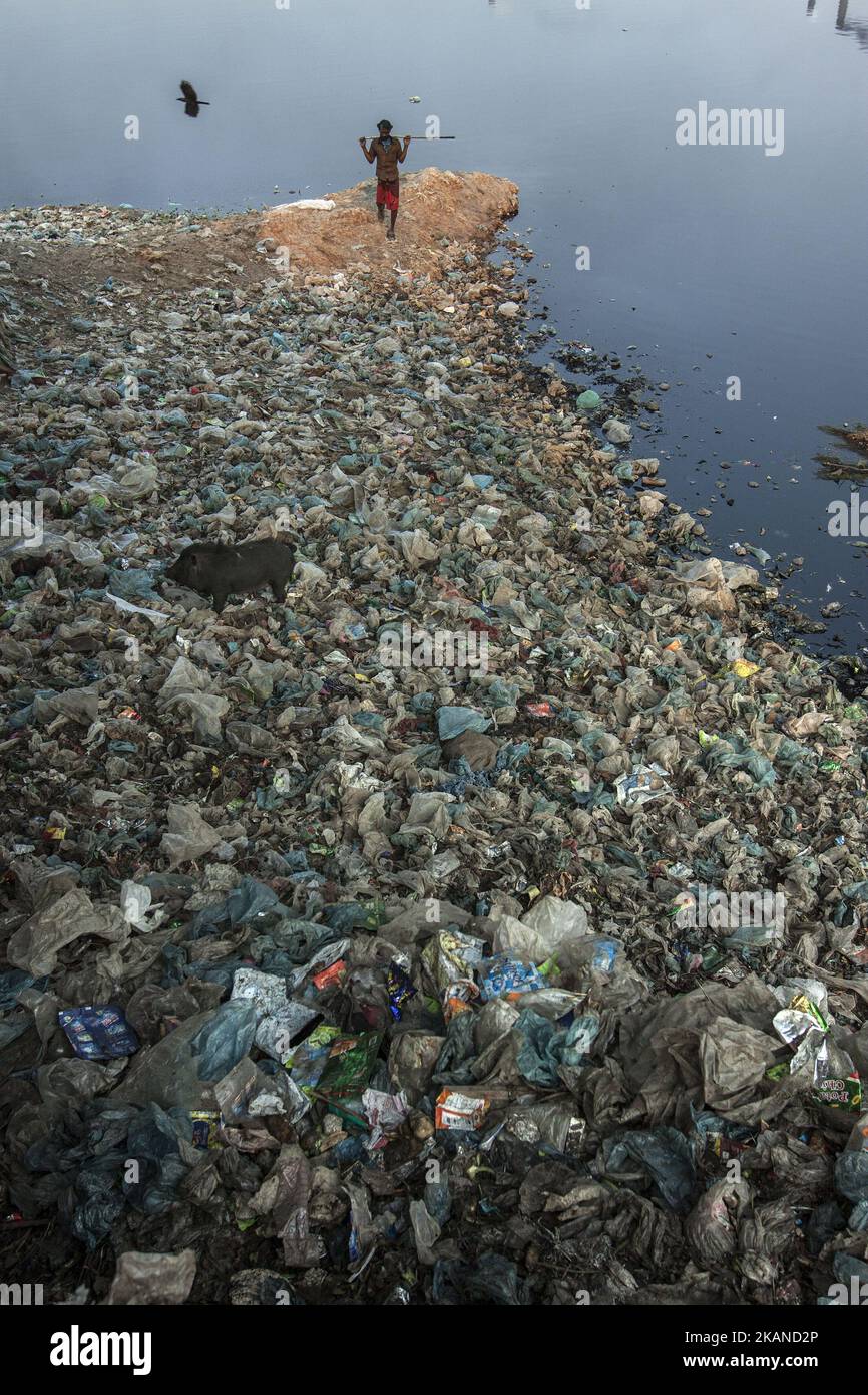 Mountains of Plastic bags in Dhaka, Bangladesh on 30 May 2017. Bangladesh became the first country to regulate disposable bag use when the government banned single-use plastic bags in 2002. At that time environmental groups estimated that about 9.3 million plastic bags were dumped in the Dhaka city alone every day, with only 10-15% being put in dustbins. Despite an awareness program warning of a steep fine and six months of imprisonment, after about a year the plastic bags began to excess the market again due to a lack of enforcement. One of the major impacts of plastic bags in Bangladesh is  Stock Photo