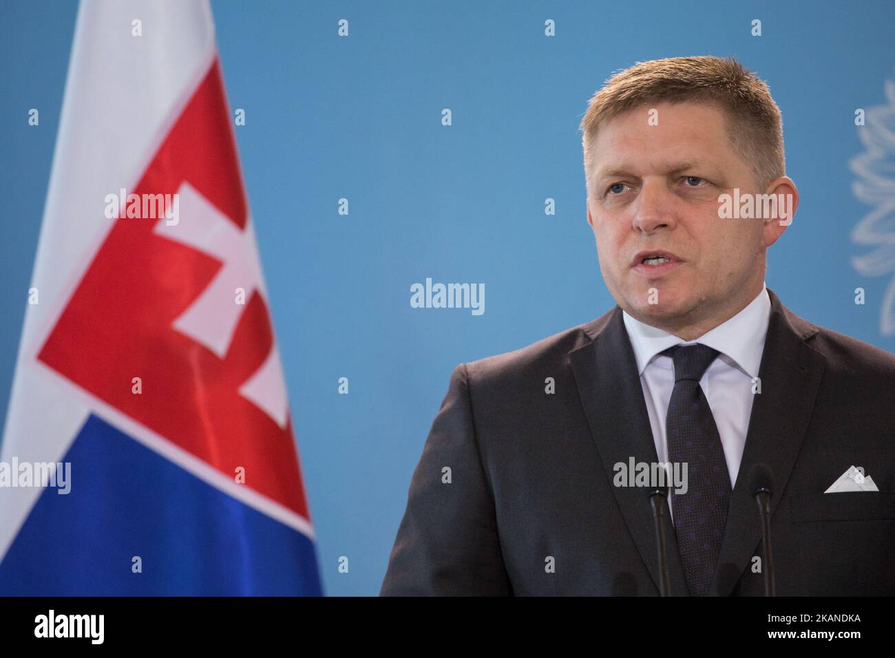 Prime Minister of Slovakia Robert Fico during the press conference at Chancellery of the Prime Minister in Warsaw, Poland on 31 May 2017 (Photo by Mateusz Wlodarczyk/NurPhoto) *** Please Use Credit from Credit Field *** Stock Photo