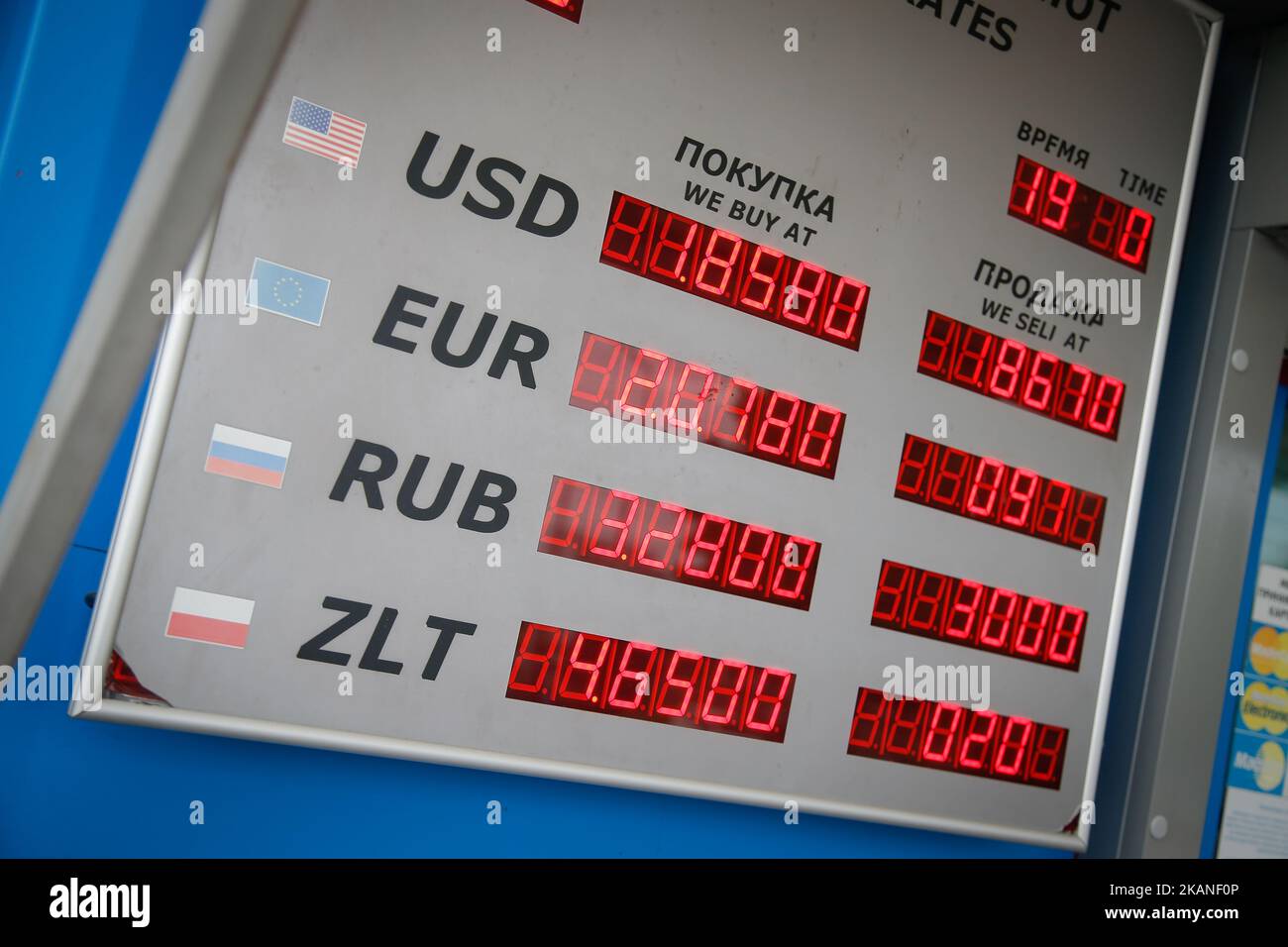 Exchange rates are seen for US dollars, Euros, Belarussian roubles and zlotys are seen at an exchange office in Brest, Belarus on 1 June, 2017. (Photo by Jaap Arriens/NurPhoto) *** Please Use Credit from Credit Field *** Stock Photo