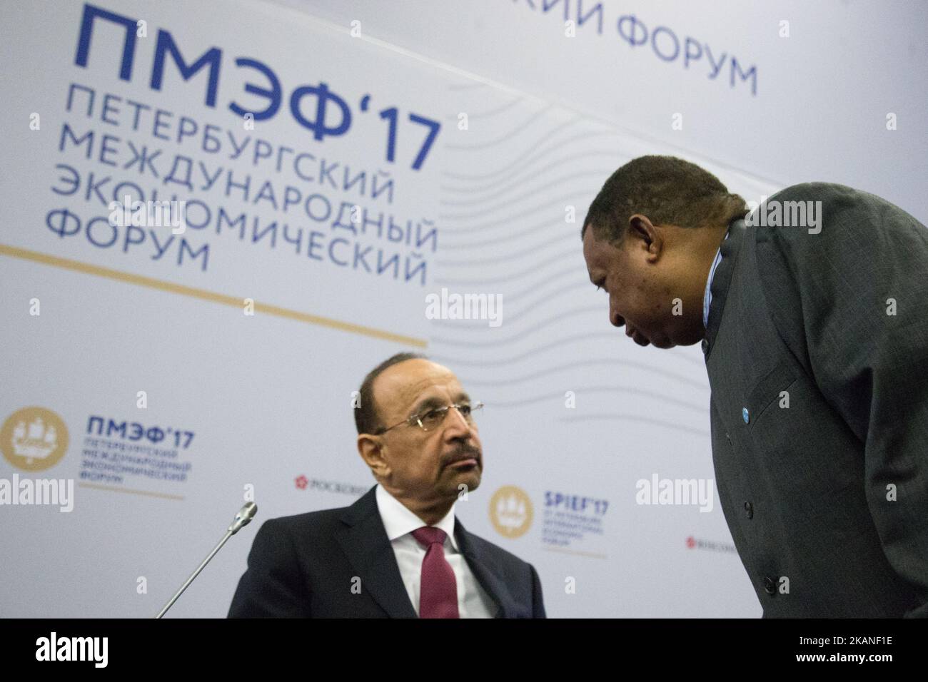 Minister of Energy, Industry and Mineral Resources of the Kingdom of Saudi Arabia H.E. Khalid A. Al-Falih (L) and Secretary General, Organization of the Petroleum Exporting Countries (OPEC) H.E. Mohammad Sanusi Barkindo attends a session of the St. Petersburg International Economic Forum (SPIEF), Russia, June 2, 2017 (Photo by Igor Russak/NurPhoto) *** Please Use Credit from Credit Field *** Stock Photo